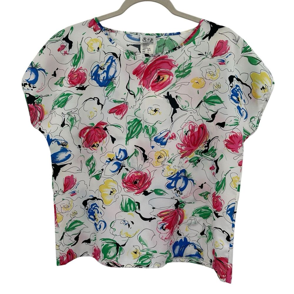 Vintage 80s Blouse Size 14 Floral Boxy Short Sleeve White Multi Feminine ART USA